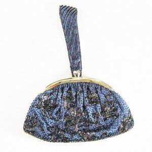 Blue beaded evening purse with wrist strap